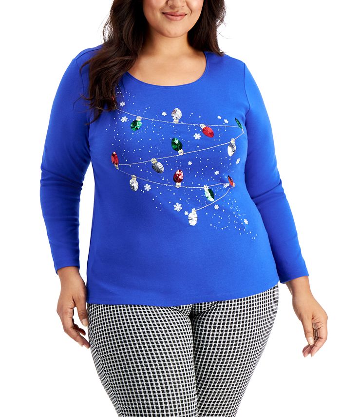 Karen Scott Plus Size Embellished Holiday Cotton Top Created for