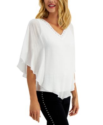 売れ筋商品|||ジェイエムコレクション カットソー トップス レディース Petite Embellished-Neck Tassel-Trim Poncho Top, Created for Macy's Stone Wall Jm Collection Petite Embellished-neck Tassel-trim Poncho Top