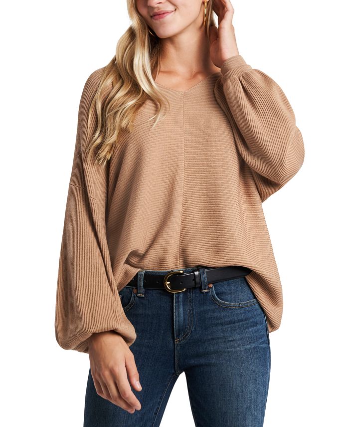 Knit Ribbed Bodysuit Shirts for Women Long Puff Sleeve Sweaters