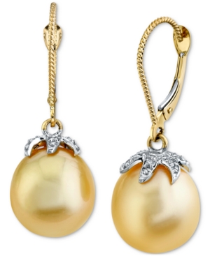 image of Cultured Golden South Sea Pearl (11mm) & Diamond (1/8 ct. t.w.) Drop Earrings in 14k Gold