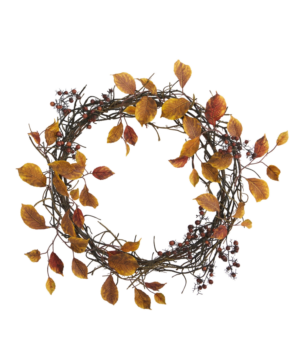 Nearly Natural Harvest Leaf, Berries And Twig Artificial Wreath In Orange