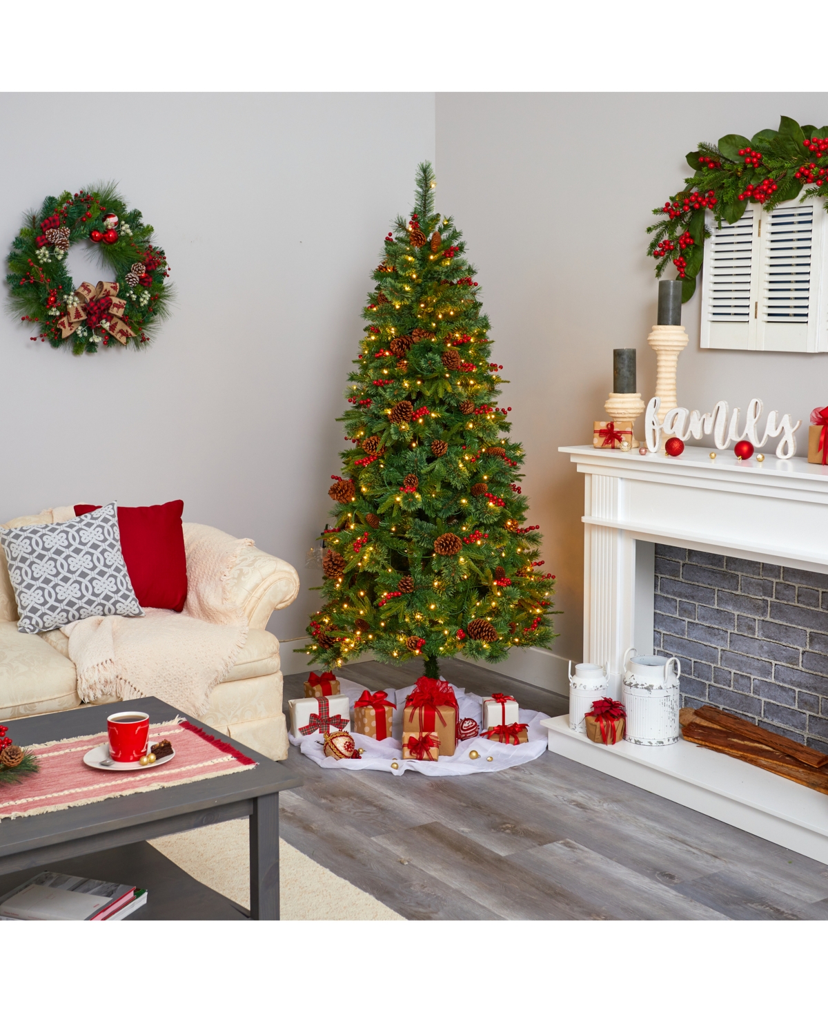 Nearly Natural Norway Mixed Pine Artificial Christmas Tree with 350 Clear Led Lights, Pine Cones and Berries
