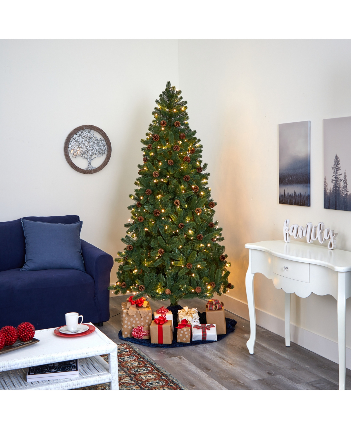 Nearly Natural Rocky Mountain Spruce Artificial Christmas Tree with Pinecones and 400 Clear Led Lights