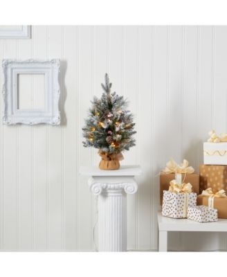 Flocked Artificial Christmas Tree with 30 Clear Lights, 73 Bendable Branches, Pine Cones and Berries