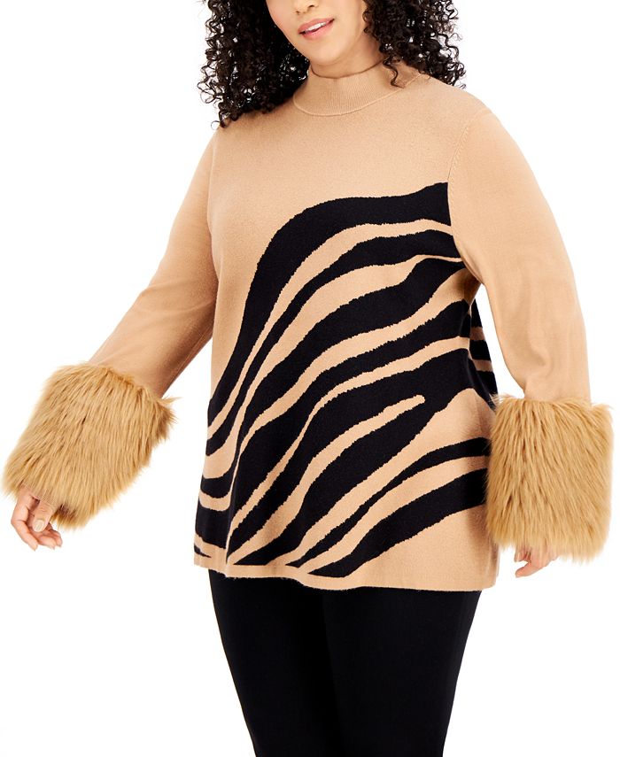 Alfani Plus Size Printed FauxFurCuff Sweater, Created for Macy's Macy's