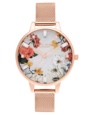 image of Olivia Burton Women-s Sparkle Floral Rose Gold-Tone Mesh Bracelet Watch 34mm
