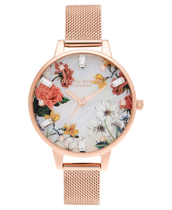 Olivia Burton - Women's Sparkle Floral Rose Gold-Tone Mesh Bracelet Watch 34mm