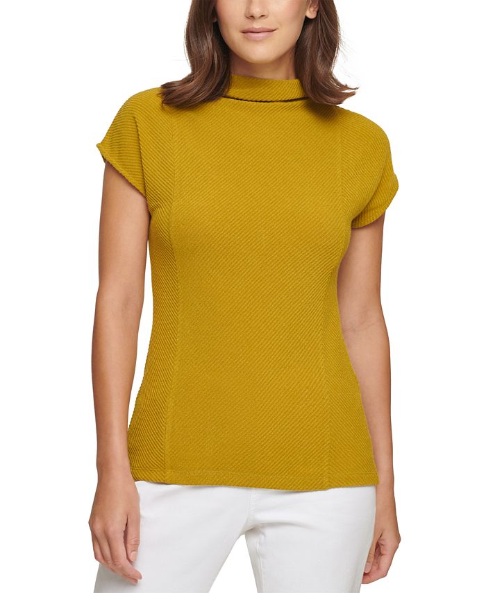 DKNY Damen Top Mit V-Ausschnitt – Rippenstruktur, 7/8-Ärmel, Figurbetont