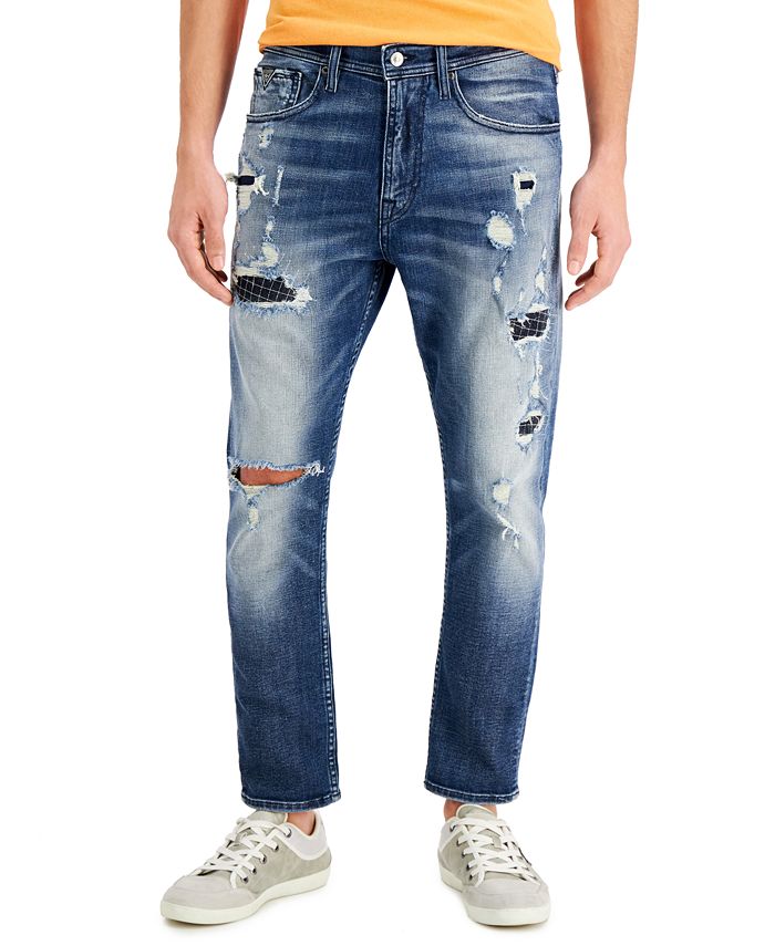 GUESS Men's Tapered Cropped Rip-and Repair Jeans - Macy's