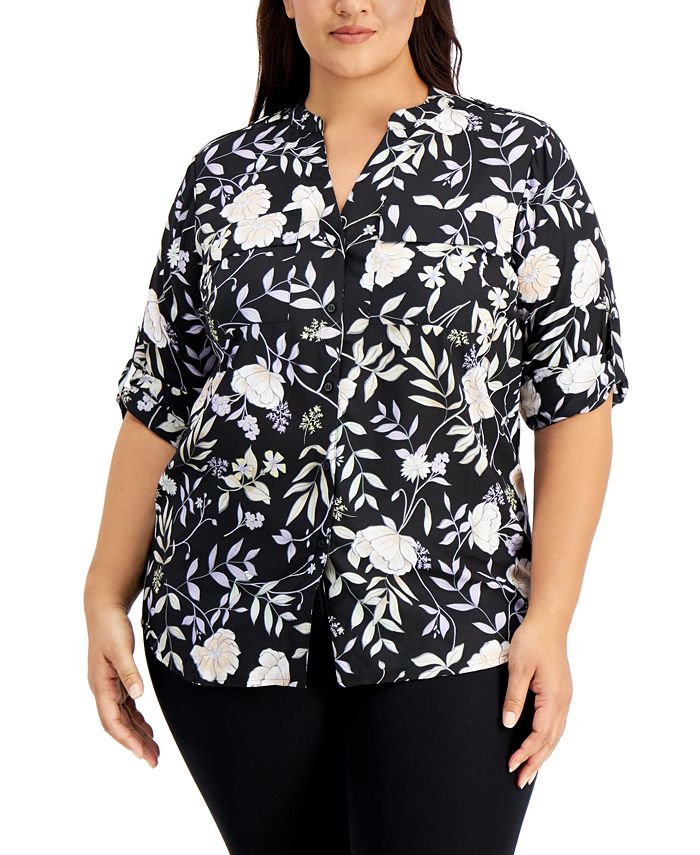 Calvin Klein Plus Size Floral-Print Roll-Sleeve Top & Reviews - Tops - Plus  Sizes - Macy's