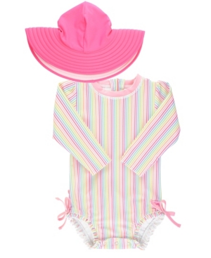 image of RuffleButts Baby Girls 1 Piece Rashguard Swimsuit and Hat Set