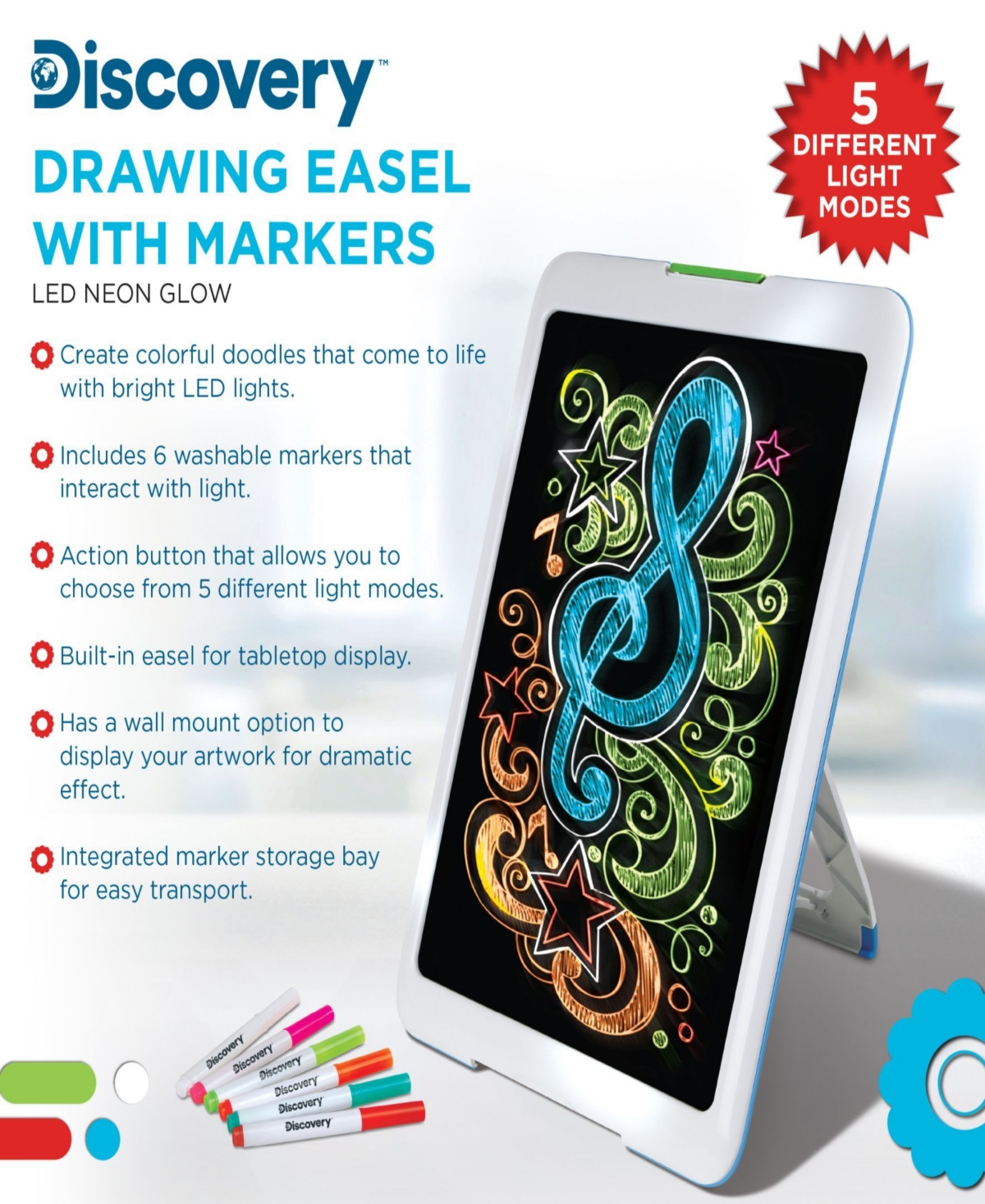 Discovery Neon Glow Drawing Easel W/ 6 Color Marker, Light Modes In White