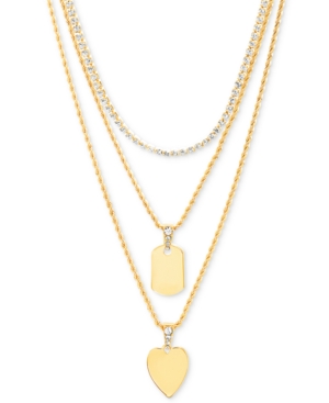 image of Steve Madden Gold-Tone Crystal Heart Layered Pendant Necklace, 16