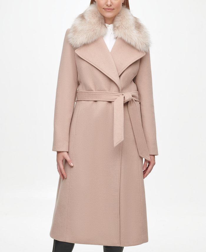 Karl Lagerfeld Paris Women's Faux Fur Collar Belted Wrap Coat & Reviews ...