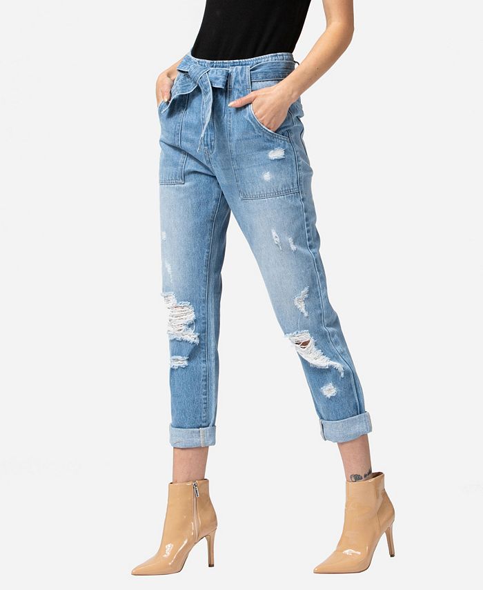 VERVET Women's Super High Rise Distressed Self Tie Utility Jeans - Macy's