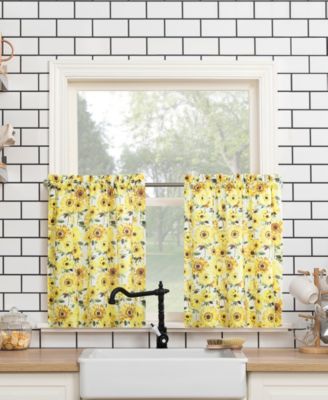Sunny Sunflower Print Semi-Sheer Rod Pocket Kitchen Curtain Valance and Tiers Set
