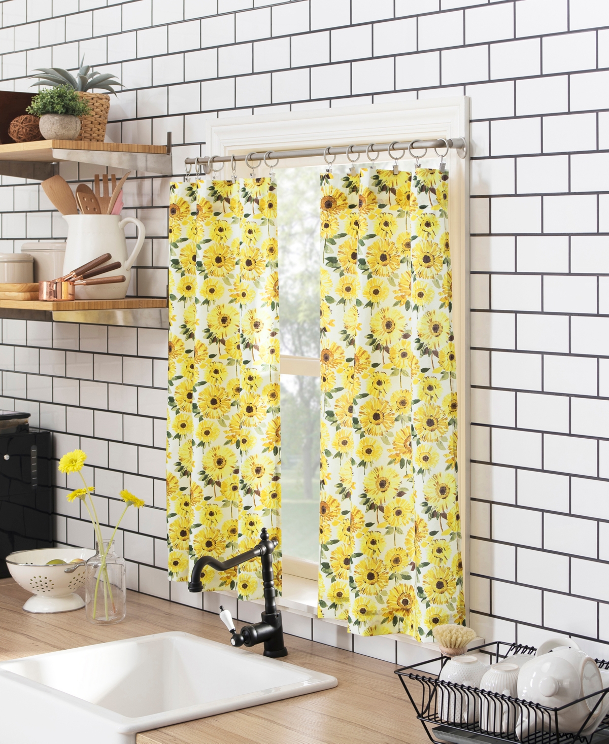 Sunny Sunflower Print Semi-Sheer Rod Pocket Kitchen Curtain Valance and Tiers Set