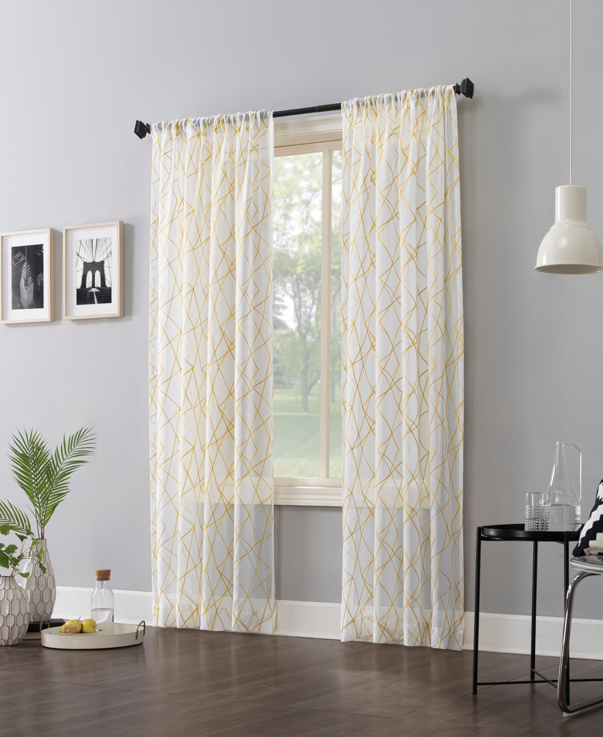 Abstract Geometric Embroidery Semi-Sheer Rod Pocket Curtain Panel