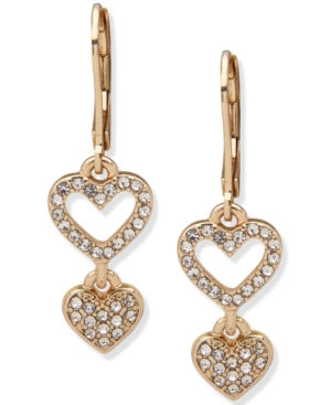 image of Anne Klein Gold-Tone Crystal Pave Heart Double Drop Earrings