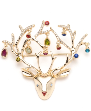 image of Anne Klein Gold-Tone Multicolor Crystal Reindeer Boxed Pin