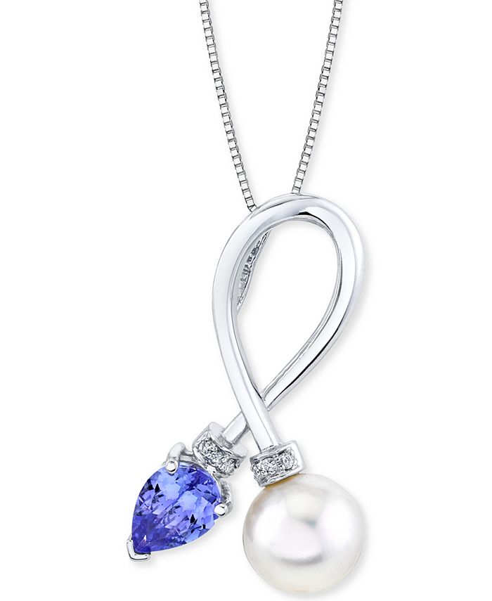 Macy's - Cultured Freshwater Pearl (7mm), Tanzanite (5/8 ct. t.w.) & Diamond Accent 18" Pendant Necklace in 14k White Gold