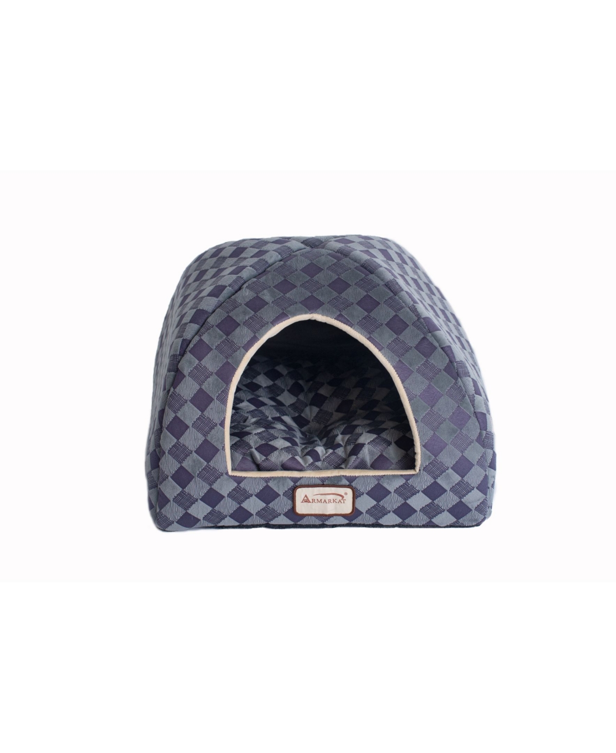 Cave Cat Bed with Checkered Pattern - Purple, Gray