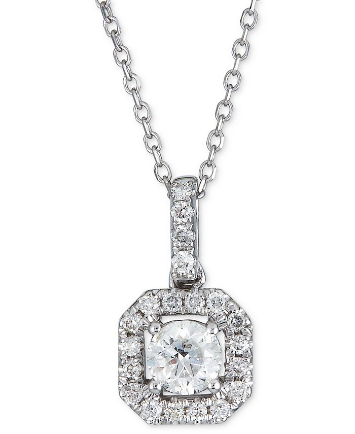 Macy's - Diamond Halo Pendant Necklace (3/8 ct. t.w.) in 14k White Gold, 16" + 2" extender