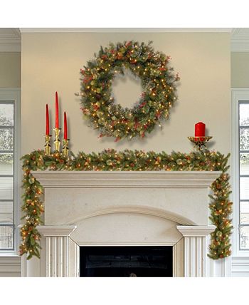 National Tree Company - 30" Wintry Pine Wreath with Cones, Red Berries, Snowflakes and 100 Clear Lights
