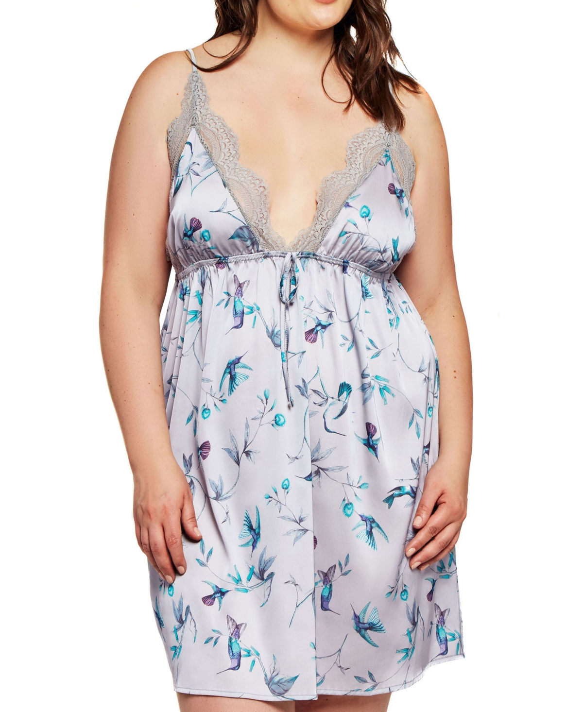 iCollection Women's Lace and Satin Hummingbird Print Chemise Lingerie