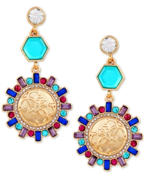 image of Guess Gold-Tone Multicolor Crystal & Stone Coin Drop Earrings