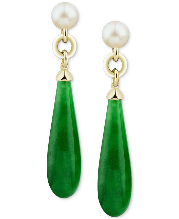 Macy's Cultured Freshwater Pearl (7mm) & Jade Briolette Drop Earrings ...