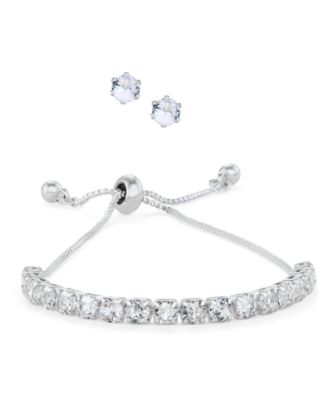 Photo 1 of Silver Plated Cubic Zirconia Adjustable Bracelet and Stud Earring Set