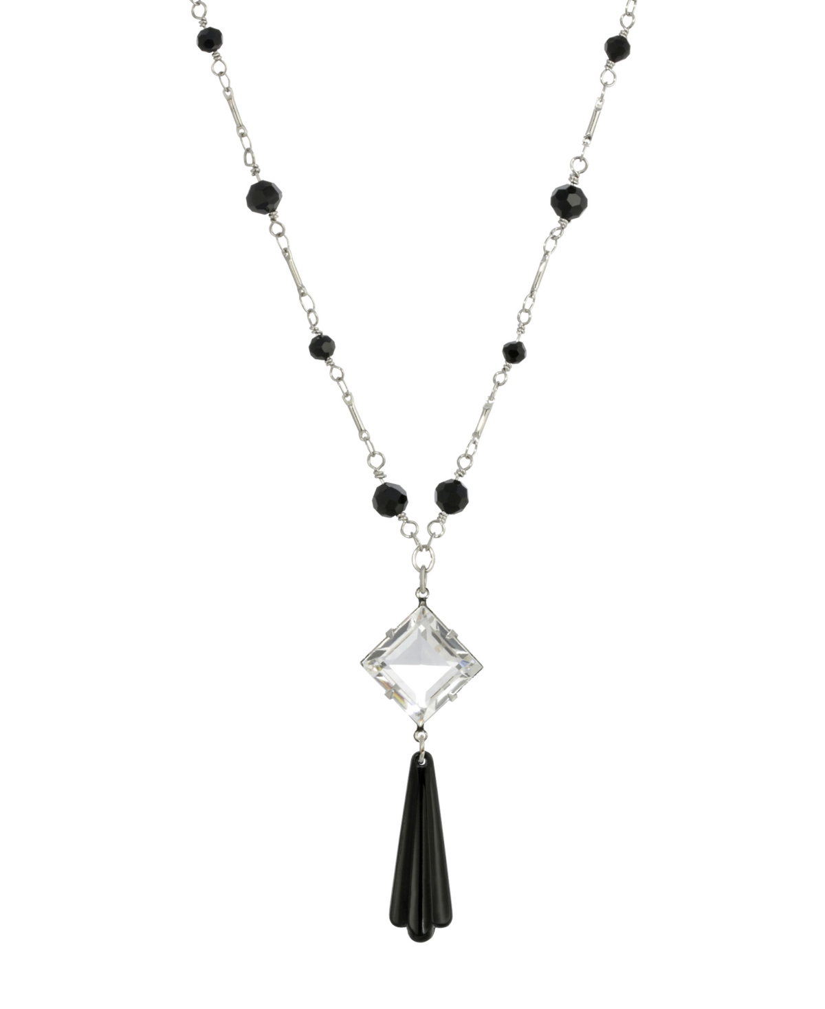 2028 Women's Silver Tone Black Bead Crystal Stone Necklace