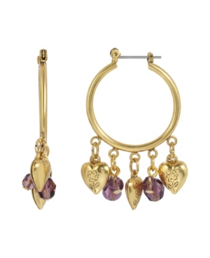 image of 2028 Women-s Gold Tone Hoop with Hearts and Purple Beads Drop Earring