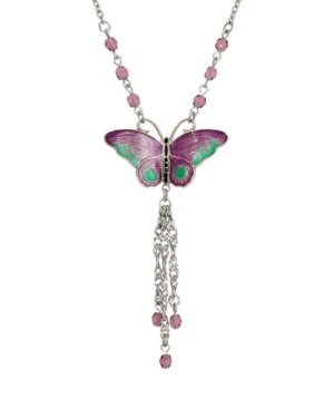 image of 2028 Women-s Silver Tone Purple Green Enamel Butterfly with Purple Beads
