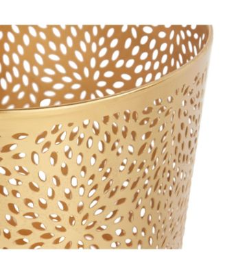 Small, Round, Glam Style Metallic Pierced Metal Waste Basket with Chrysanthemum Pattern