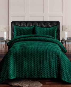 Tribeca Living Lugano Honeycomb Velvet Oversized Solid 3 Piece Quilt Set, Queen In Dark Green 1