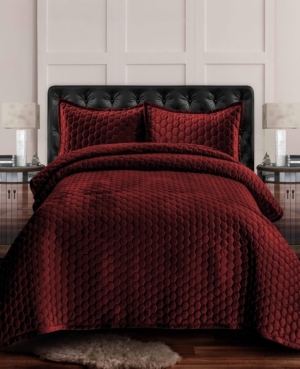 Tribeca Living Lugano Honeycomb Velvet Oversized Solid 3 Piece Quilt Set, Queen In Dark Red