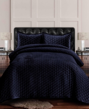 Shop Tribeca Living Lugano Honeycomb Velvet Oversized Solid 3 Piece Quilt Set, Queen In Dark Blue