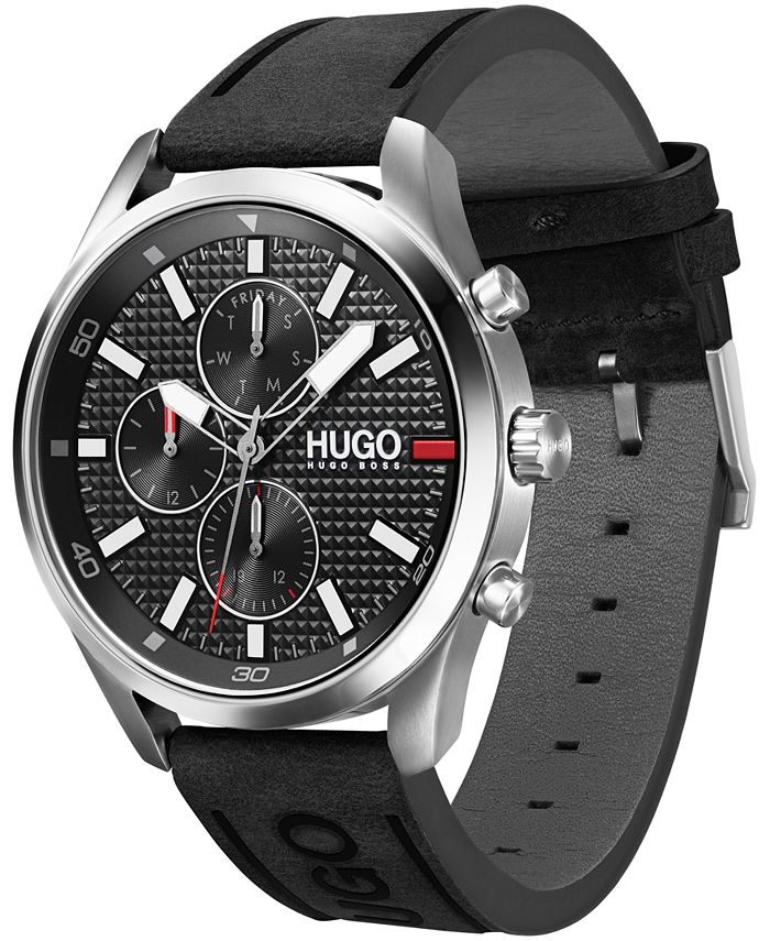 HUGO Men's CHASE Black Leather Strap Watch 46mm Macy's