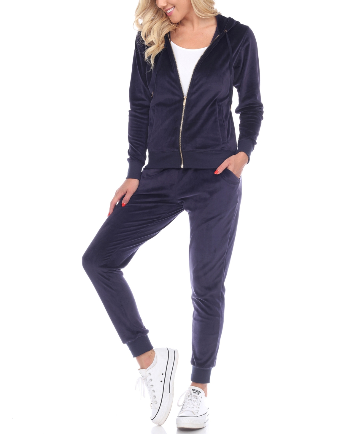 Shop White Mark Women's Velour Tracksuit Loungewear 2pc Set In Navy