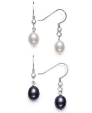 image of Giani Bernini 2-Pc. Set White & Black Cultured Freshwater Pearl (8-9mm) Drop Earrings in Sterling Silver, Created for Macy-s