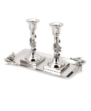 Classic Touch Candlesticks And Tray With Jeweled Flower Design, Set Of 2 In Silver - Tone