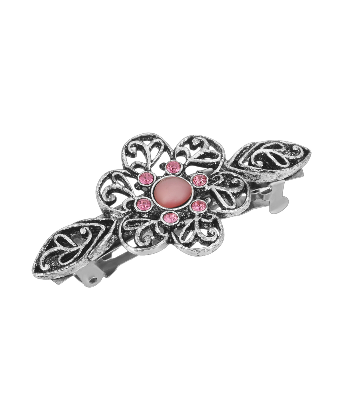2028 Women's Silver-tone Rose Crystal Flower Bar Barrette In Pink