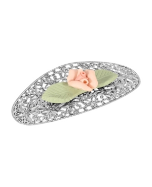 image of Women-s Silver-Tone Porcelain Flower with Green Leaf Hair Barrette