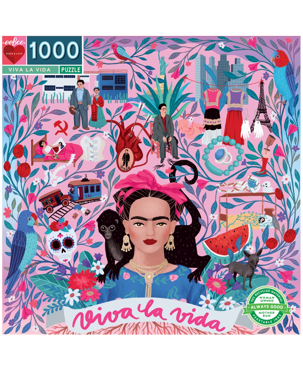 Eeboo Piece And Love Viva La Vida Frida Kahlo 1000 Piece Square Adult Jigsaw Puzzle In Multi