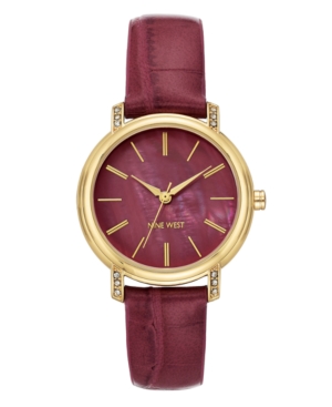 image of Nine West Women-s Crystal Accented Gold-Tone and Mauve Croco-Grain Strap Watch, 35mm
