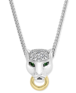 image of Effy Diamond (1/8 ct. t.w.) & Tsavorite Accent Panther Pendant Necklace in Sterling Silver & 18k Gold-Plate