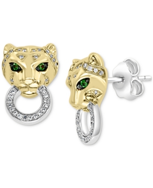 image of Effy Diamond (1/5 ct. t.w.) & Tsavorite Accent Panther Doorknocker Drop Earrings in 14k Gold-Plated Sterling Silver
