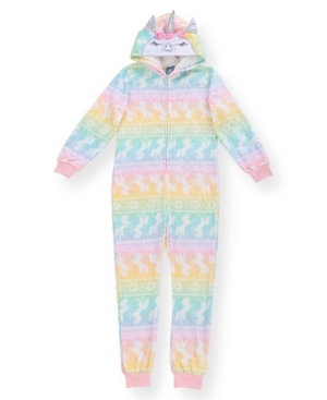 image of Max & Olivia Big Girls Unicorn Print Flannel Fleece Onesie with Shimmer and Novelty Unicorn Hood
